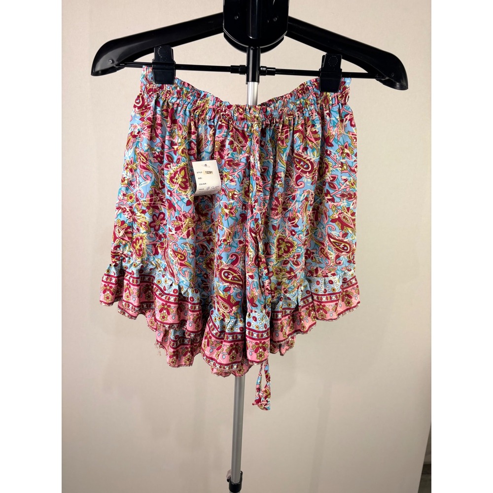 India Boutique Floral Paisley Ruffle Shorts Blue Pink Boho Festival 12291 OS